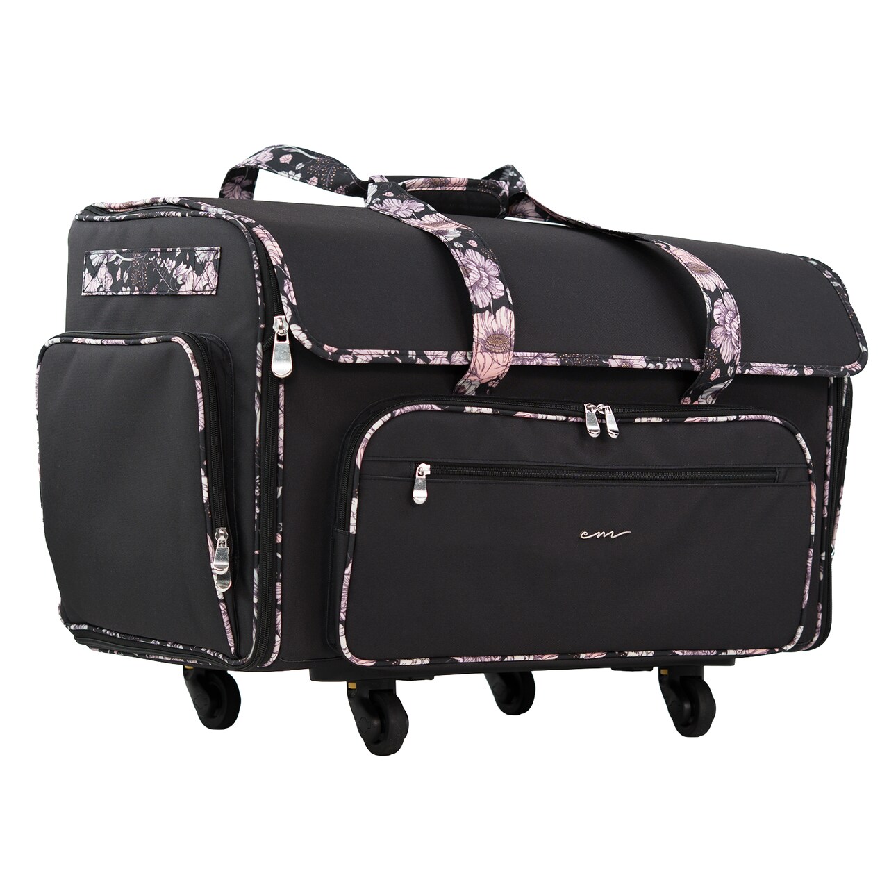 Everything Mary XXL 4 Wheel Collapsible Rolling Sewing Machine Storage Case, Black & Floral Trim